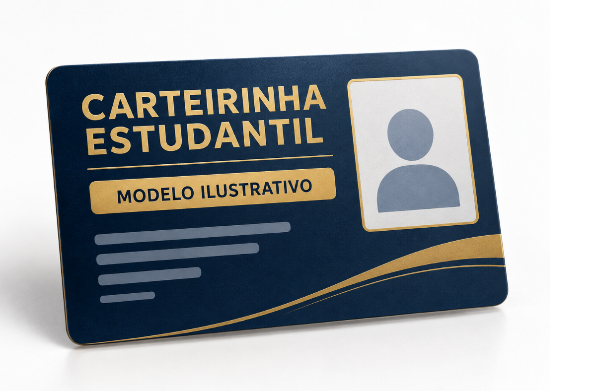 Modelo ilustrativo de uma carteirinha estudantil nas cores azul e dourado