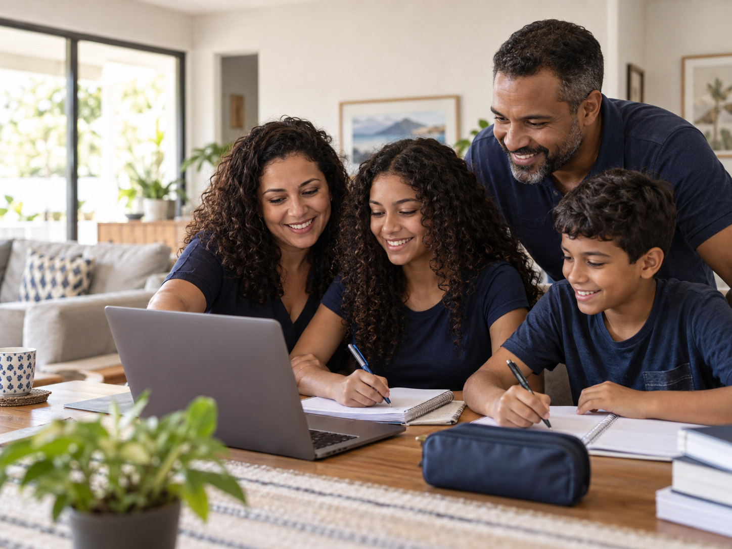 Família reunida estudando com um notebook e materiais de apoio