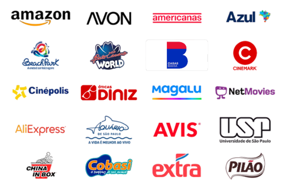 Exemplos apresentados: Amazon, Avon, Americanas, Azul, Beach Park, Beto Carrero World, Casas Bahia, Cinemark, Cinépolis, Óticas Diniz, Magalu, NetMovies, AliExpress, Aquário de São Paulo, Avis, Universidade de São Paulo, China in Box, Cobasi, Extra e Pilão